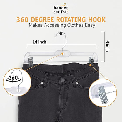 Premium 14 Inch Clear Pants Hangers with Adjustable Clips - 12 Pack Space-Saving Skirt Hangers - Non-Slip Heavy Duty Plastic Closet Organizers with 360° Swivel Hook