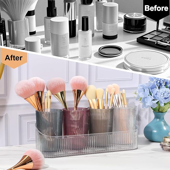 DASITON Makeup Brush Holder Organizer with 4 Cup, Vintage Striped Make Up Brush Holder for Vanity, Bathroom Toothbrush Holders, Acrylic Cosmetic Brushes Storage Organizer Pen Holder (Clear+Multicolor)