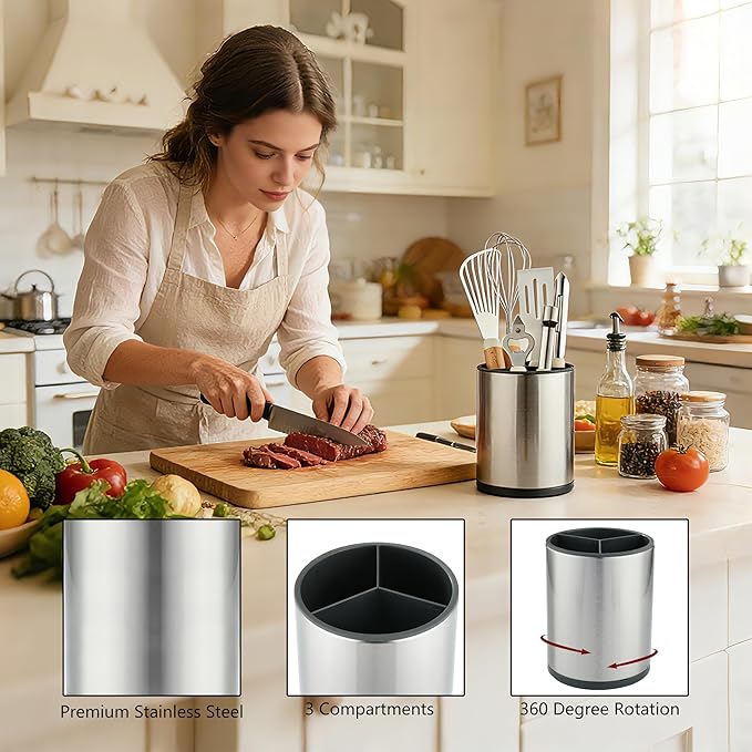 kitchen Utensil Holder Counter, DV Stainless Steel Rotating Cooking Spatula Utensils Holder Caddy (3 Compartment, 360°Rotating)