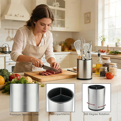 kitchen Utensil Holder Counter, DV Stainless Steel Rotating Cooking Spatula Utensils Holder Caddy (3 Compartment, 360°Rotating)