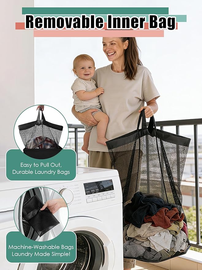 WTREE Laundry Hamper with Lid, Reinforced Sturdy Clothes Hamper with Anti-Puncture Base, Large Collapsible Laundry Basket with Removable Liner Bag, Tall Dirty Clothes Bin for Family, 100L Black