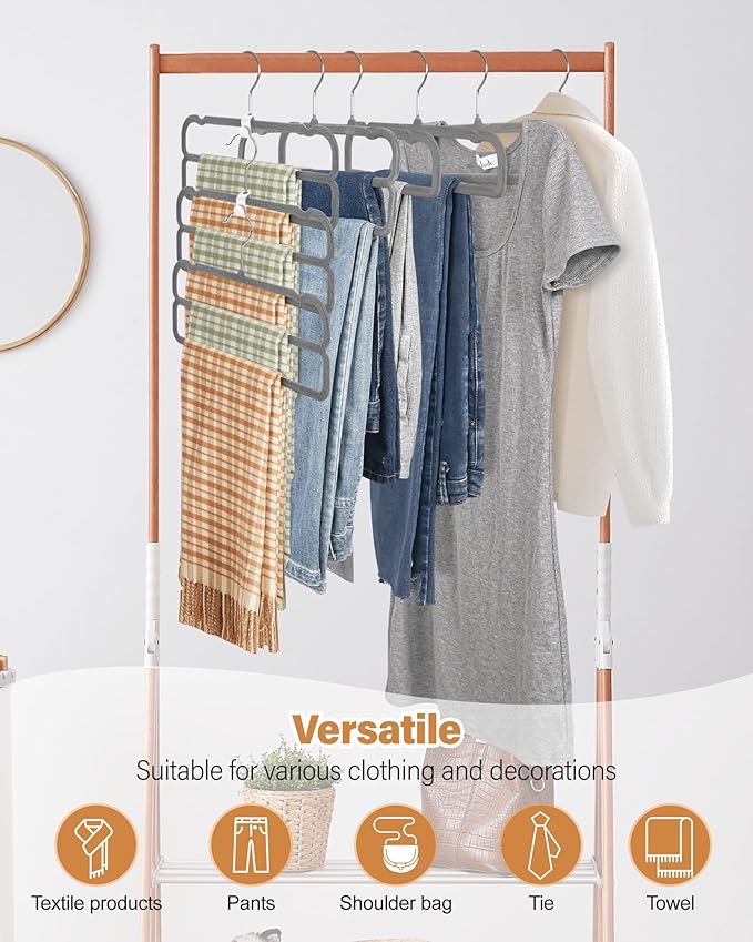 Velvet Pant Hangers, Felt Trouser Hangers for Women and Men, Heavy Duty, Space Saving, 13.77"(L) Slim Double Non-Slip Hanger, 360° Swivel Multiple Flocked Jean Hangers for Adult Teen 10 Pack (Grey)