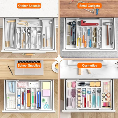 RoomHacks Large Silverware Organizer,Expandable Utensil Drawer Organizer,BPA Free Utensil Holder,Adjustable Silverware Tray Cutlery Drawer Organizer for Kitchen Flatware,Large,White (6-8 Slots)