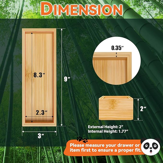 Lixple Bamboo Drawer Organizer – Set of 2 Stackable Storage Boxes, Silverware Tray & Small Gadget Holder for Kitchen Drawers, 9" x 3" x 2" (Outer), 8.3" x 2.3" x 1.77" (Inner)
