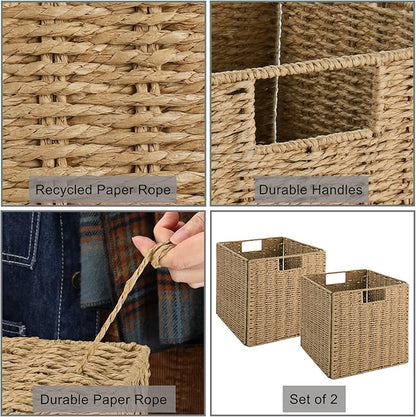 Vagusicc Wicker Storage Basket, Set of 2 Hand-Woven Storage Baskets for Shelves with Handles Foldable Cube Storage Baskets Bins, 9 inch Wicker Baskets for Pantry Bedroom Organizer &Decor, Natural