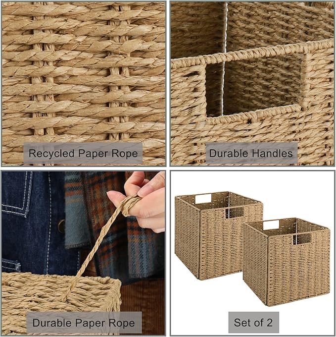 Vagusicc Wicker Storage Basket, Set of 2 Hand-Woven Wicker Basket, 11 inch Storage Baskets for Organizing and Decor, Foldable Cube Storage Organizer Bins Baskets for Shelves, Woven Basket, Natural