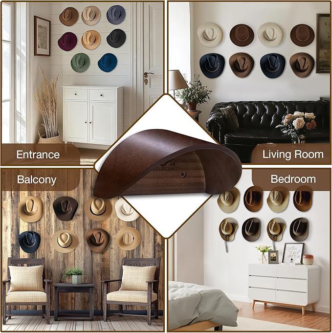 Cowboy Hat Holder Rack for Wall, 8 Pack Hat Hooks with Non-Damage Brim Design, Rustic Wood Hats Hanger on Wall to Keep Original Shape of Hats, for Home, Closet, Entryway, Cabin, Western Room Decor