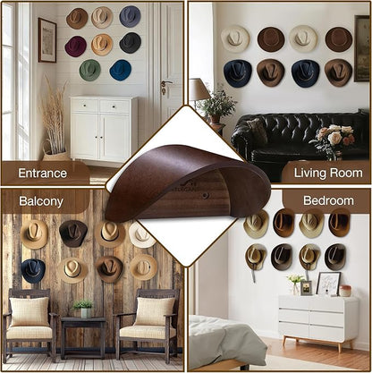 Cowboy Hat Holder Rack for Wall, 8 Pack Hat Hooks with Non-Damage Brim Design, Rustic Wood Hats Hanger on Wall to Keep Original Shape of Hats, for Home, Closet, Entryway, Cabin, Western Room Decor