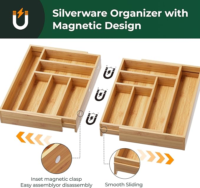 Large Silverware Organizer, 12 Slots Magnetic Connected Expandable Bamboo Utensil Drawer Organizer From 21 to 37.4 Inches, Adjustable Flatware and Cutlery Holder, Utensil Tray for Kitchen Natural