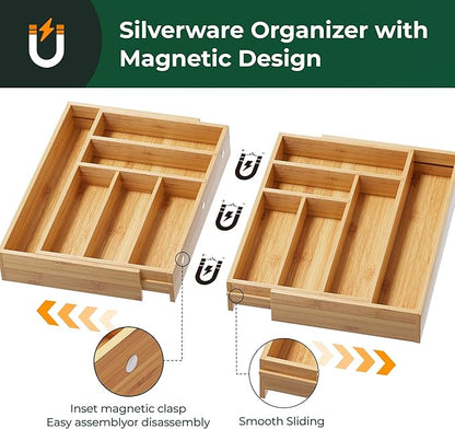 Large Silverware Organizer, 12 Slots Magnetic Connected Expandable Bamboo Utensil Drawer Organizer From 21 to 37.4 Inches, Adjustable Flatware and Cutlery Holder, Utensil Tray for Kitchen Natural