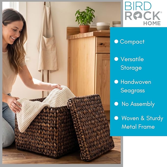 BIRDROCK HOME Storage Cube Box with Lid - Brown Wash Seagrass - Large Hand Woven Floor Container for Blankets Pillows - Sturdy Metal Frame