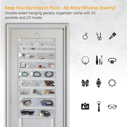 Freegrace Hanging Jewelry Organizer with Secure Zipper Closure - 360° Revolving Hanger, 25 Clear Pockets, 23 Necklace Hooks - Foldable Travel Storage & Closet Display (Gray)