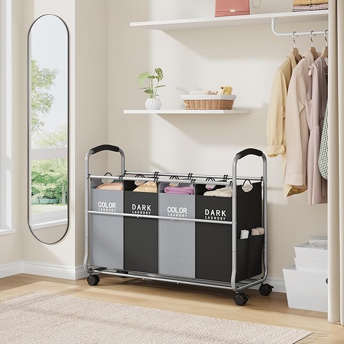 Tajsoon Laundry Sorter 4 Sections, Laundry Separator Hamper with Heavy Duty Lockable Rolling Wheels, Laundry Divider with Removable Bags for Dirty Clothes Storage, Black & Grey