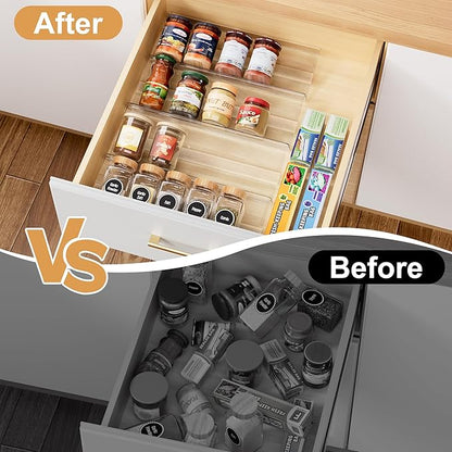 4-Pack Adjustable Spice Rack Organizer for Drawer, Expandable Seasoning Storage (13" to 26") with Anti-Slip Mat, Acrylic Tiered Spice Tray for Condiment, Nail Polish and Jar Organization
