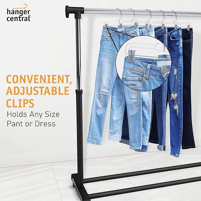 Premium 14 Inch Clear Pants Hangers with Adjustable Clips - 12 Pack Space-Saving Skirt Hangers - Non-Slip Heavy Duty Plastic Closet Organizers with 360° Swivel Hook