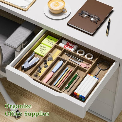 Kiasthome Acacia Wood Kitchen Silverware Drawer Organizer, Expandable Utensil Cutlery Drawer Organizer with Dividers, Flatware Organizer Silverware Tray for Spoon, Fork, 13''-21''x16.9'' (6-8 Slots)