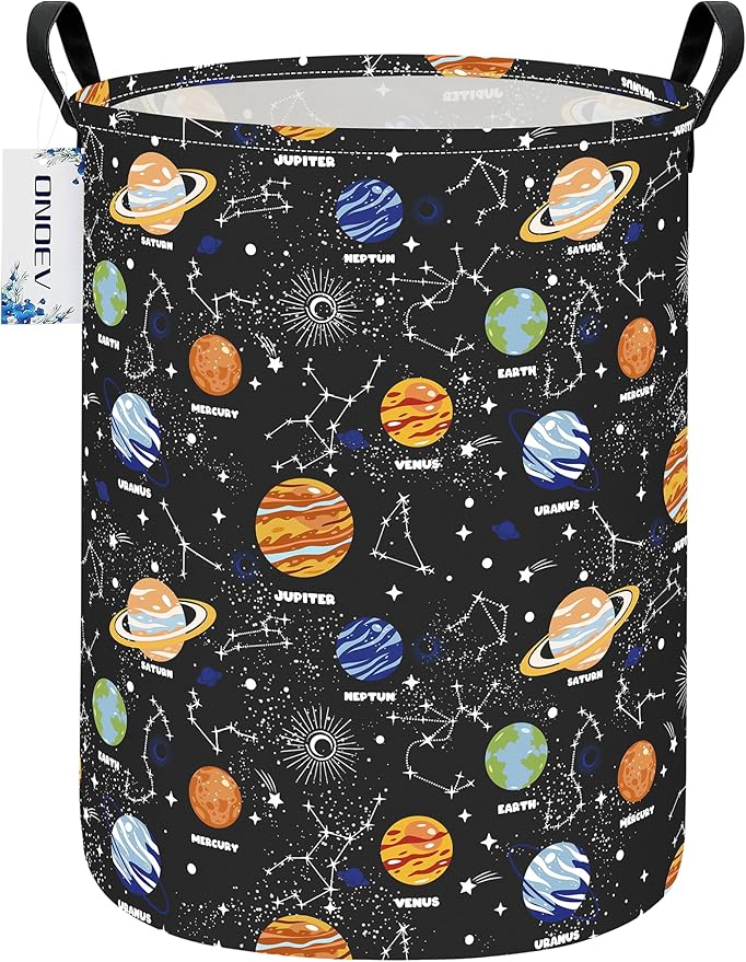 Kids Laundry Hamper, Large Collapsible Round Solar System Space Themed Laundry Basket, Waterproof Fabric Planets Organizer with Handles for Boys Bedroom Nursery Playroom