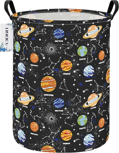 Kids Laundry Hamper, Large Collapsible Round Solar System Space Themed Laundry Basket, Waterproof Fabric Planets Organizer with Handles for Boys Bedroom Nursery Playroom