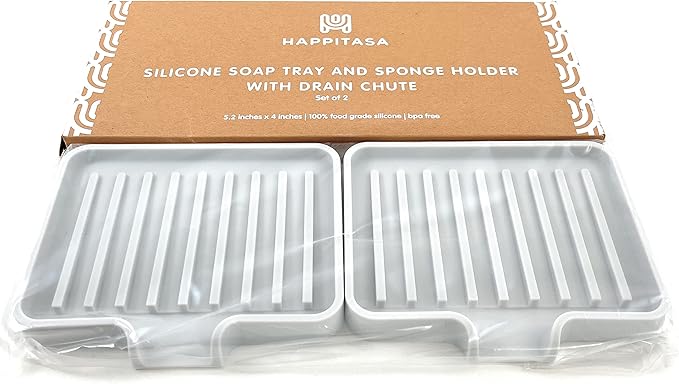 Silicone Soap Dish Tray and Sponge Holder with Drain Chute, Rectangular, Kitchen and Bathroom Sink Organizer (Light Grey, 5.2"x4" (Set of 2), 7.2 Ounces)