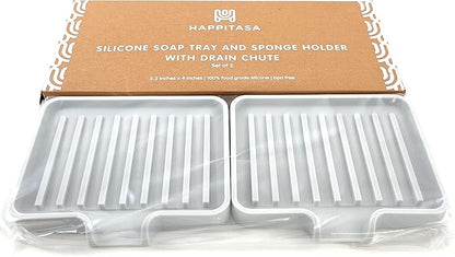 Silicone Soap Dish Tray and Sponge Holder with Drain Chute, Rectangular, Kitchen and Bathroom Sink Organizer (Light Grey, 5.2"x4" (Set of 2), 7.2 Ounces)