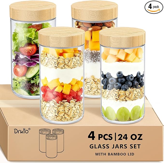 DRKIO 24 Oz Overnight Oats Containers with Bamboo Lids - 4 Pack Glass Storage Jars with Airtight Lids Wide Mouth Mason Food Jars Great for Meal Prep Salad Chia Pudding Snacks Yogurt Sugar Spice
