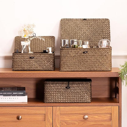 Nonam Seagrass Storage Baskets with Lid Set of 3,Wicker Basket Storage Bin for Shelves,Rectangular,Boho Decor,Handwoven Shelf Basket for Organizing-Storage Container Box for Home Organization-Coffee