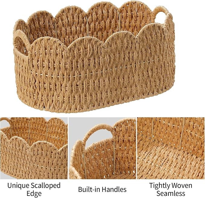 Coeusy Paper Rope Scalloped Basket Set of 2,Woven Storage Baskets for Shelves,Laundry,Towels,Clothes,Books,Toys,Cute Decor Baskets for Organizing,Natural Color
