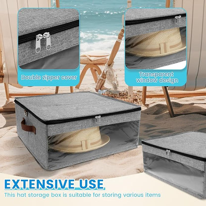 Hat Box Dustproof Hat Storage Box with Zipper Lid and Clear Window Hat Travel Case with Strap Practical Hat Organizer for Closet Clothes Stuffed Toy Storage