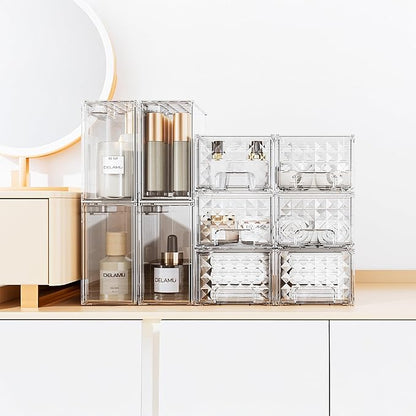 Delamu 6 Pack Stackable Storage Drawers, Makeup Skincare Holder Vanity Storage Organizer, Plastic Drawers For Vanity Desk, Undersink, Kitchen Cabinet, Pantry, Clear, Ideal Gifts for Women