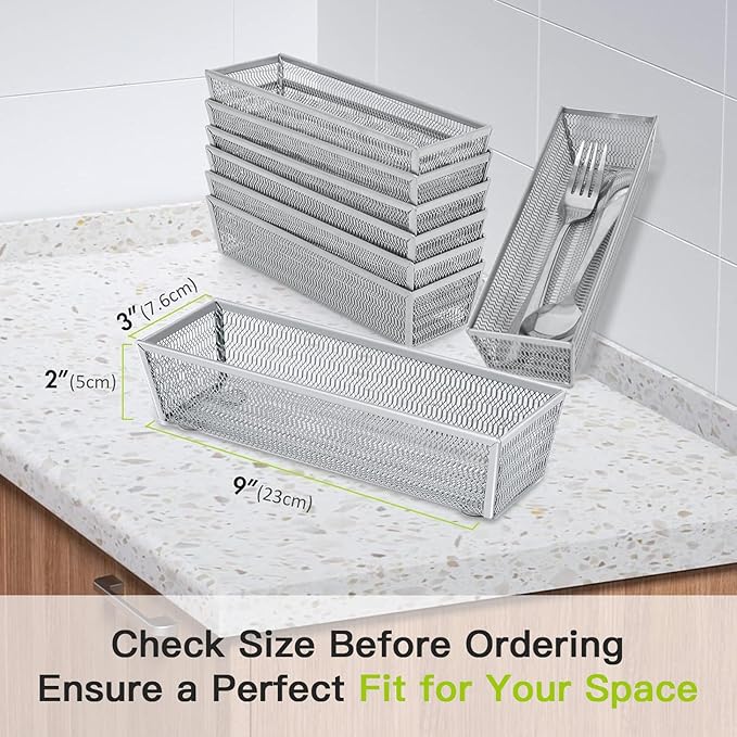 Neudeco Silverware Organizer,Mesh Drawer Organizer for Kitchen，Metal Utensil Organizer for Flatware, Knives, Spoons,Cosmetic (Silver 9 * 3 * 2 inch Pack6)