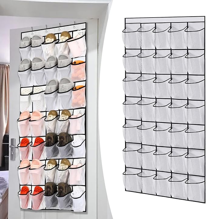SYOWADA 35 Pocket Over the Door Shoe Organizer Hanging Large Capacity Closet Storage Entryway Organizer Hanging Bag Shoes Sneaker With 4 Metal Hooks, White