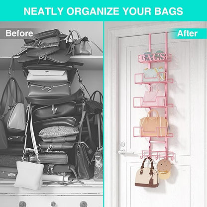 HapiRm Over Door Purse Organizer - Adjustable Purse Storage Rack with Bags Design Metal Basket, Wall Mounted Handbag Organizer, Hanging Handbag Holder, Can Use As 1/2 Part Detachable