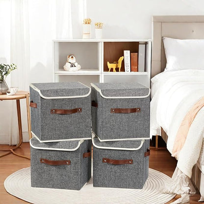 2PCS Storage Cubes with Lid Fabric Storage Bins Boxes PU Leather Handles Cotton Linen Closet Organizer Container Decorative Foldable Washable Shelf Cloth Basket (Flip-top Lid, Gray, 11in)
