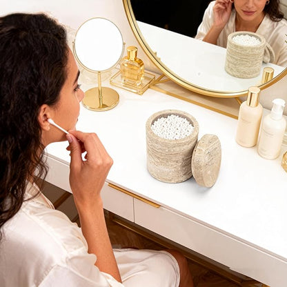 Natural Marble Canister, Cotton Swab Holder with Lid, Marble Toothbrush Holder Qtip Holder Storage for Cotton Swab, Floss Picks, Makeup Pad, Bath Salt, Beige White Travertine(NS019)