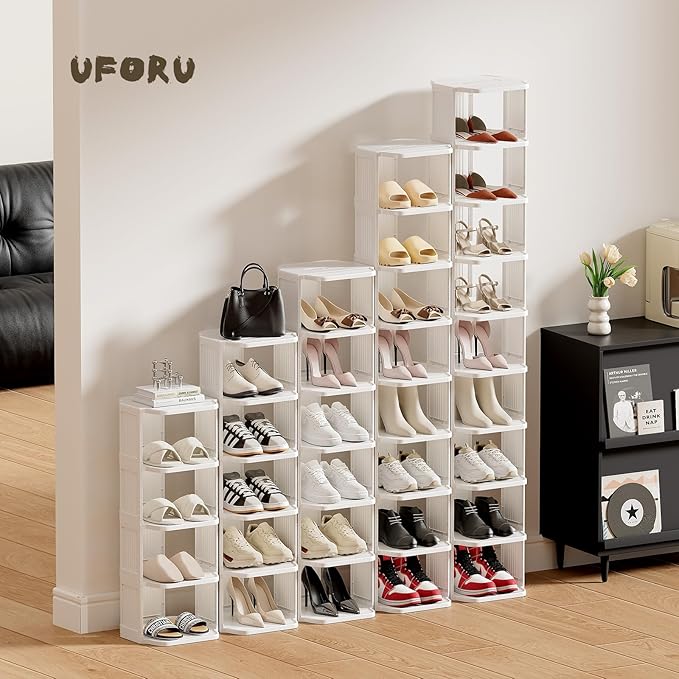 UFORU Small Shoe Rack, 7 Tier Plastic Vertical Shoe Rack for Small and Narrow Spaces, Free Standing Shoe Organizer for Closet, Entryway
