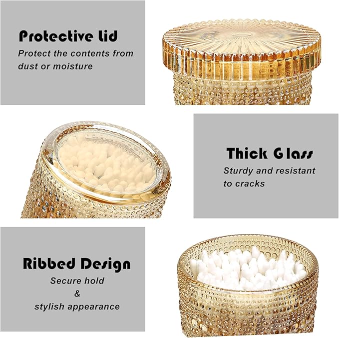 Flrolove 4-Pack Glass Qtip Holder Dispenser, 10oz Bathroom Organizers and Storage, Hobnail Cotton Round Holder for Qtips, Cotton Rounds, Balls & Floss Picks, Vanity & Makeup Apothecary Jars (Amber)