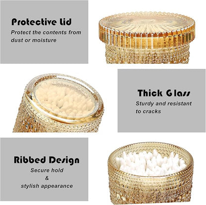 Flrolove 4-Pack Glass Qtip Holder Dispenser, 10oz Bathroom Organizers and Storage, Hobnail Cotton Round Holder for Qtips, Cotton Rounds, Balls & Floss Picks, Vanity & Makeup Apothecary Jars (Amber)