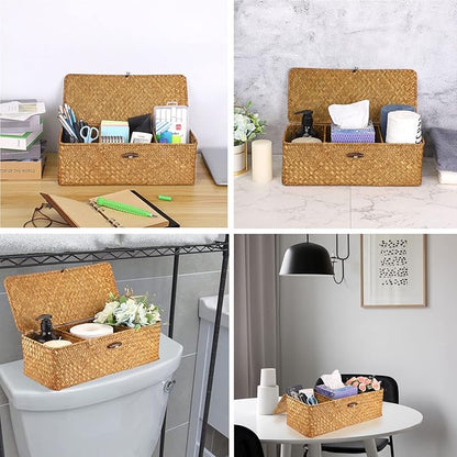 Hipiwe Seagrass Storage Basket Bin with Lid Rectangular Woven Shelf Baskets for Closets Pantry Bathroom Kitchen Shelf Organizing, Caramel,14.2" x 6.3''x 4.7''
