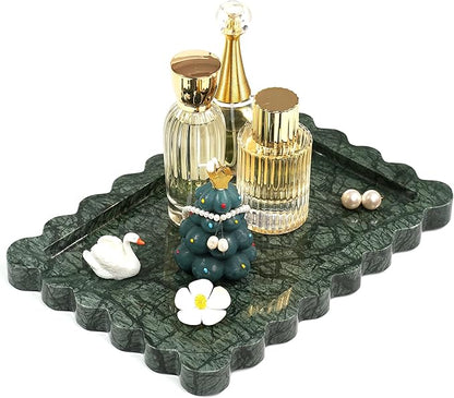 Scalloped Green Marble Tray - Large Home Decorative Stone Vanity Perfume Candle Plates for Bathroom Accessories Coffee Table, Key Dish for Kitchen Countertop Entryway (10.6" x 7.4" x 0.8")