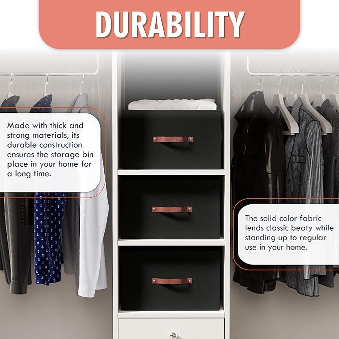 Ornavo Home 6 Pack Collapsible Storage Bins with Lid, Foldable Linen Fabric Shelf Storage Basket Closet Organizer and Large Storage Box for Clothes with Leather Handles, 15 x 10 x 9, Black