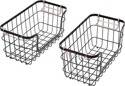 Amazon Basics Stackable Metal Wire Rectangular Storage Baskets for Kitchen, Bathroom or Pantry Organizing, 2 Count, Black
