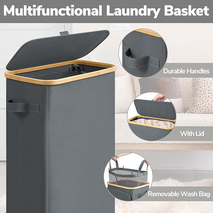 Goodpick Slim Laundry Basket with Wheels and Lid, 75L Rolling Dirty Clothes Hamper for Dorm Bathroom, Large Laundry Hamper with Bamboo Frame Removable Bag, 17" x 9.8" x 29.5", Gray
