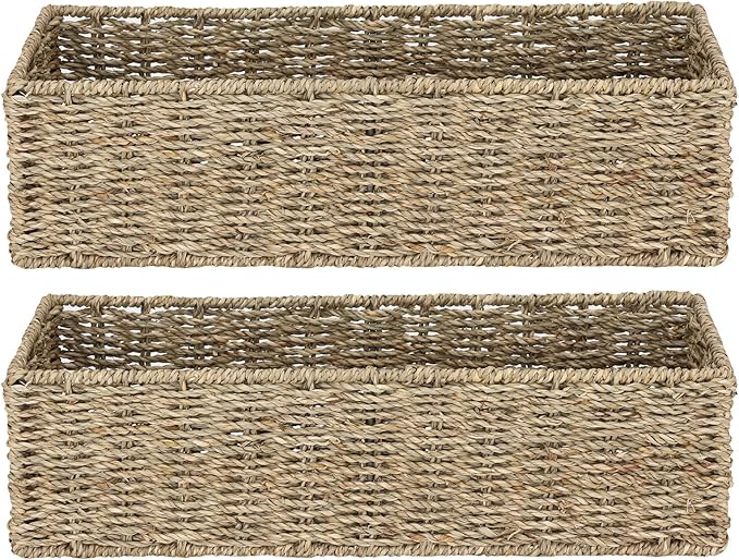 [2-Pack] Seagrass Storage Baskets, Rectangle Wicker Containers, Wicker Toilet Basket Tank Topper, Handwoven Natural Storage Baskets for Shelves, Bathroom, Bedroom (16" x 6.5" x 4.3")