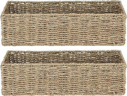 [2-Pack] Seagrass Storage Baskets, Rectangle Wicker Containers, Wicker Toilet Basket Tank Topper, Handwoven Natural Storage Baskets for Shelves, Bathroom, Bedroom (16" x 6.5" x 4.3")