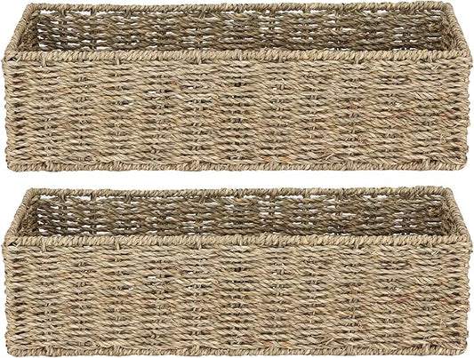 [2-Pack] Seagrass Storage Baskets, Rectangle Wicker Containers, Wicker Toilet Basket Tank Topper, Handwoven Natural Storage Baskets for Shelves, Bathroom, Bedroom (16" x 6.5" x 4.3")