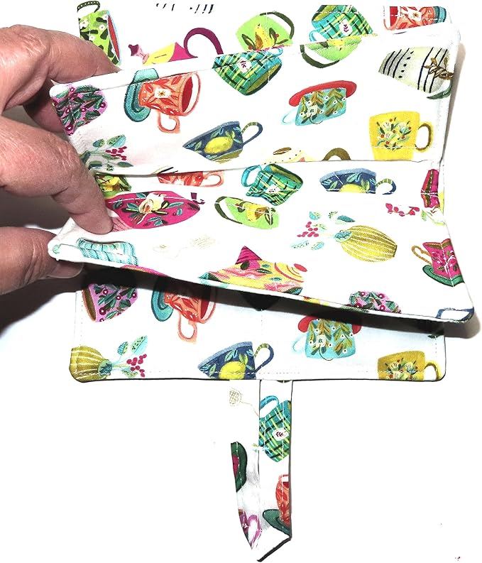 Tea Bag Wallet, XL, Featuring Tea Cups and Flowers, Twelve Pockets, Nothing Falls Out, Secure Hold Tea Bags, Includes 4 Tea Bags, Quilted Handmade, Your Choice of Fabric