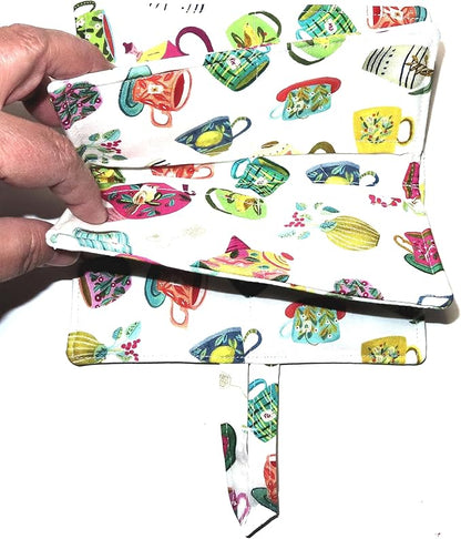 Tea Bag Wallet, XL, Featuring Tea Cups and Flowers, Twelve Pockets, Nothing Falls Out, Secure Hold Tea Bags, Includes 4 Tea Bags, Quilted Handmade, Your Choice of Fabric
