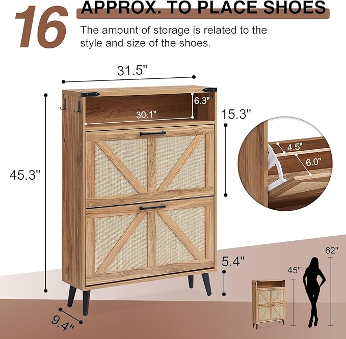 Barnyatoh Shoe Storage Cabinet, Boho Rattan Shoe Organizer with 2 Flip Drawers,Farmhouse Freestanding Hidden Slim Narrow Shoe Rack Cabinet with Open Shelves for Entryway, Foyer,Hallway, Natural