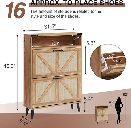 Barnyatoh Shoe Storage Cabinet, Boho Rattan Shoe Organizer with 2 Flip Drawers,Farmhouse Freestanding Hidden Slim Narrow Shoe Rack Cabinet with Open Shelves for Entryway, Foyer,Hallway, Natural