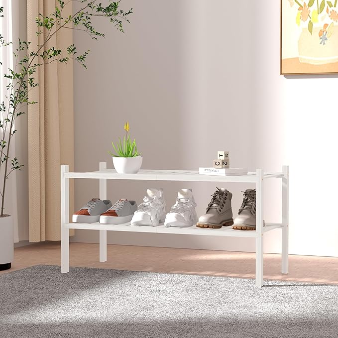 ROMGUAR CRAFT 2 Tier Bamboo Shoe Rack for Closet Free Standing Wood Shoe Shelf for Entryway Small Space Stackable 27"x11"x13" (White)